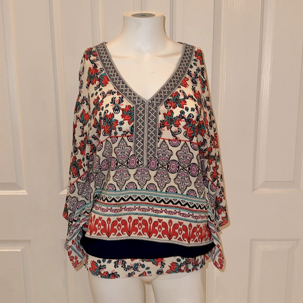 GORGEOUS multicolor blouse with cinched waist, bell sleeves, size 36 s/m